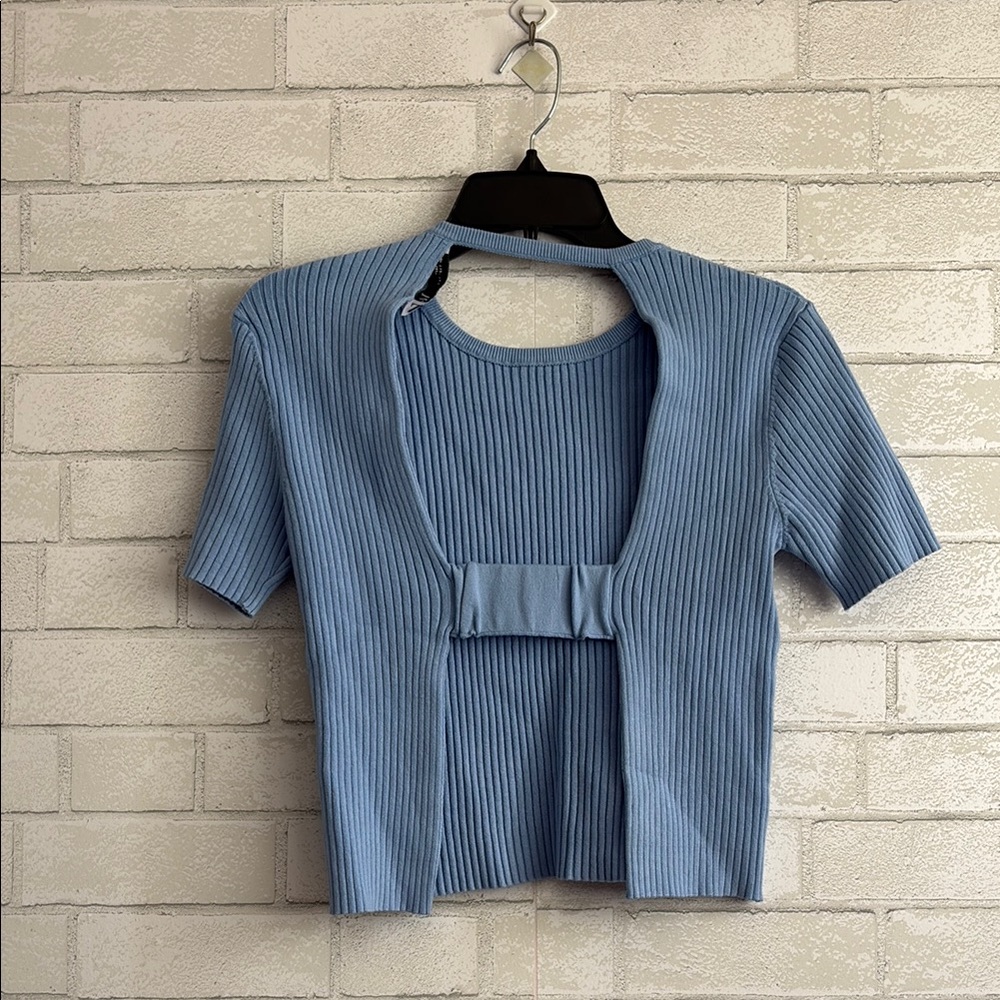 Zara Periwinkle Open Back Ribbed Short Sleeve Top